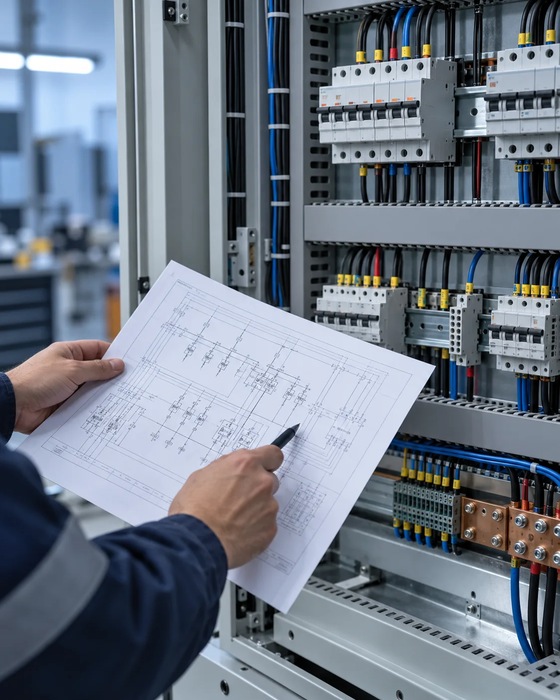 Illustrative image of an electrical cabinet and schematic