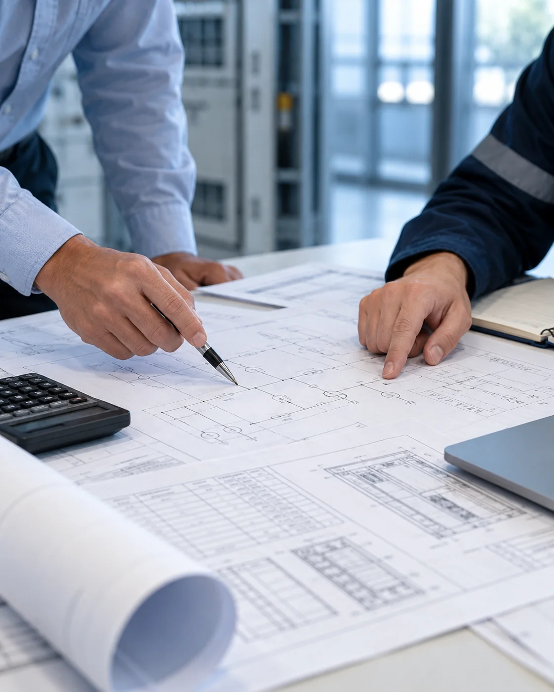 Illustrative image of people reviewing an electrical drawing