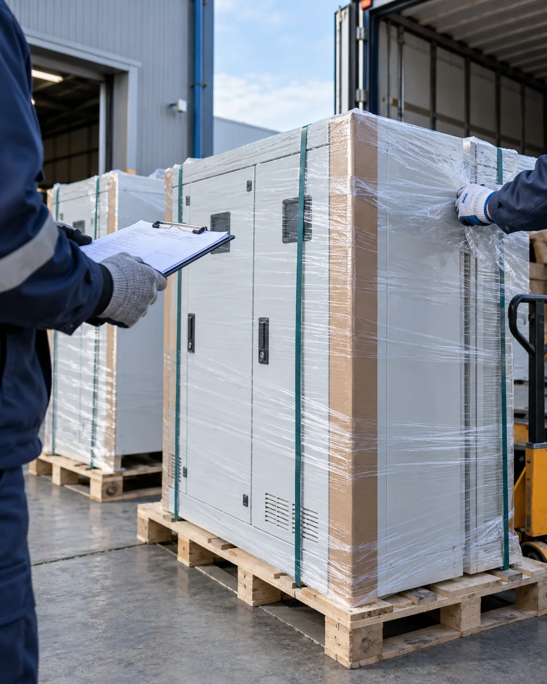 Illustrative image of packed electrical cabinets ready for dispatch