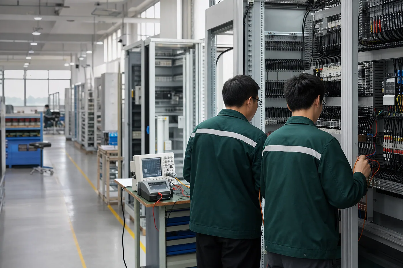 Engineers inspecting electrical panel assembly in an organized workshop
